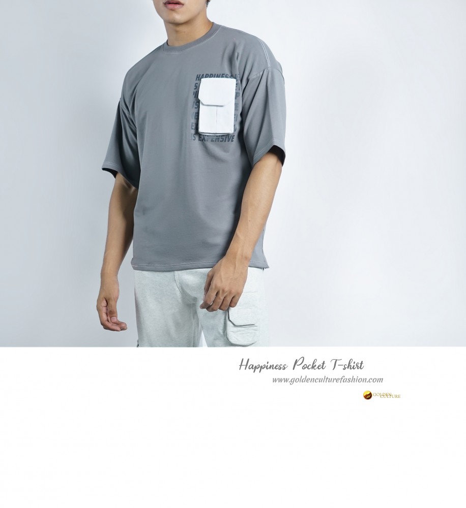 HAPPINESS IS EXPENSIVE Pockets Oversized T-Shirt (Gray)